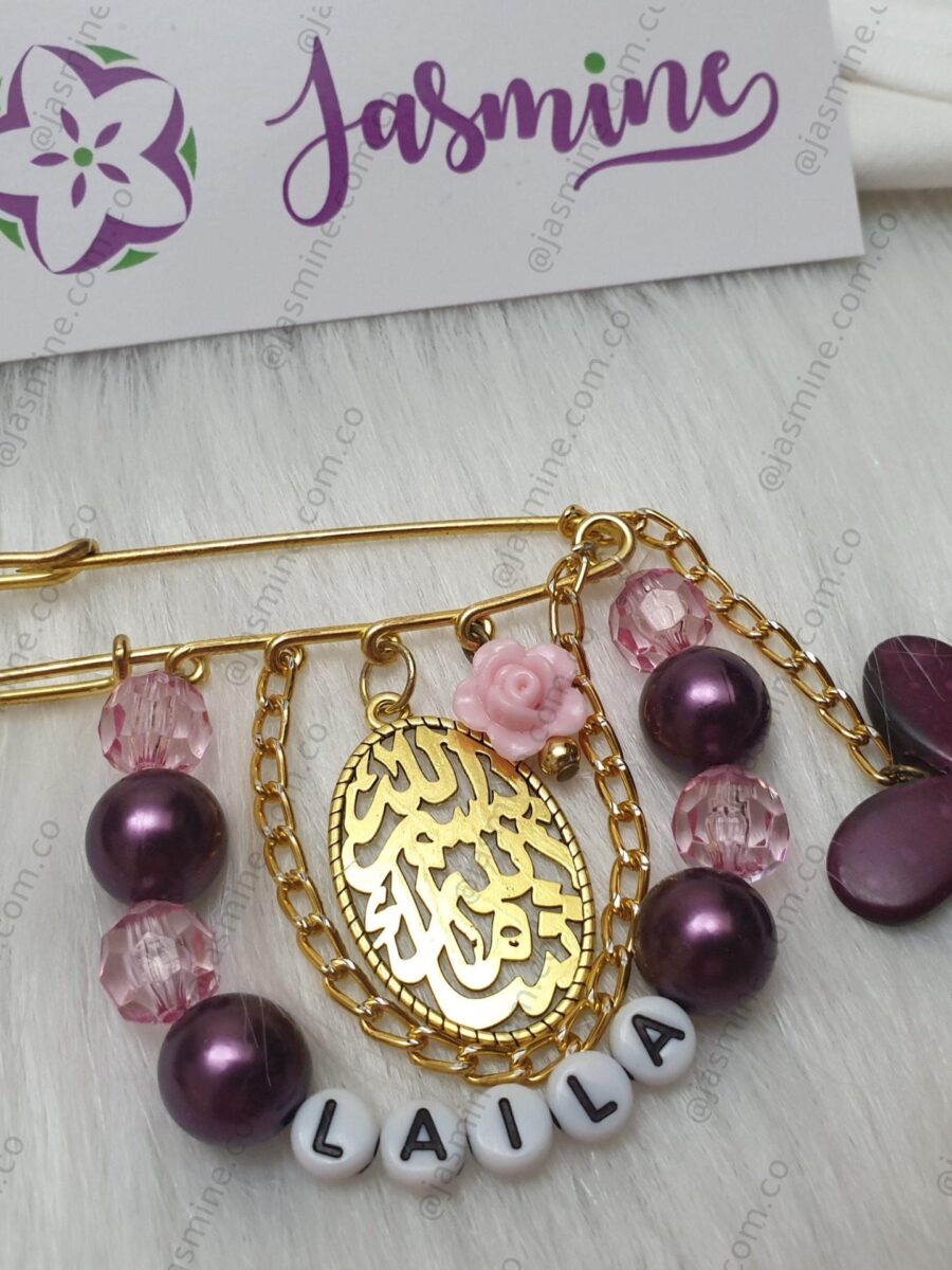 دبوس بيبي بسم الله ما شاء الله مع اسم المولود: ليلى LAILA baby bin