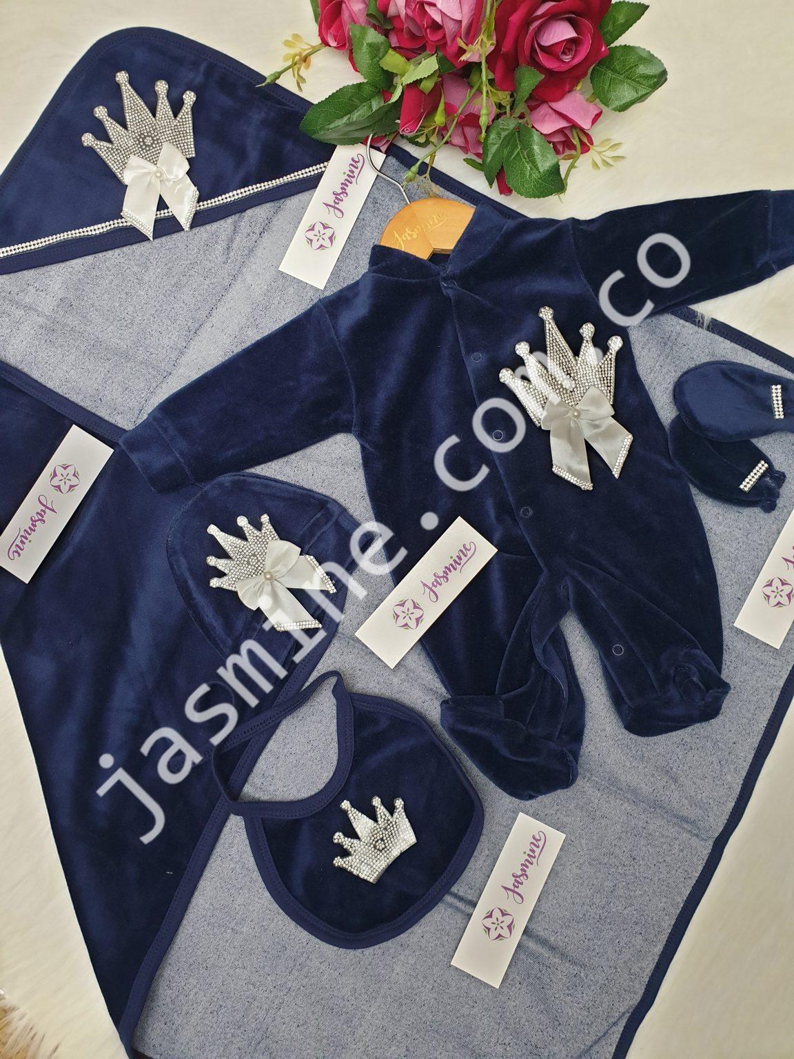 طقم تاج استراس مع فيونكات ابيض وكحلي