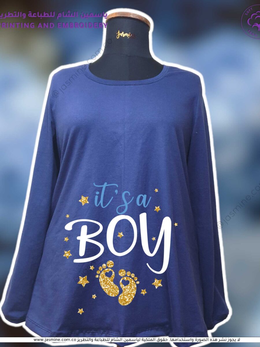 تيشرت الحامل تلبيس مريح جدا وبأكمام طويلة بتصميم جليتر It's a boy  its-boy تصميم حامل طباعة