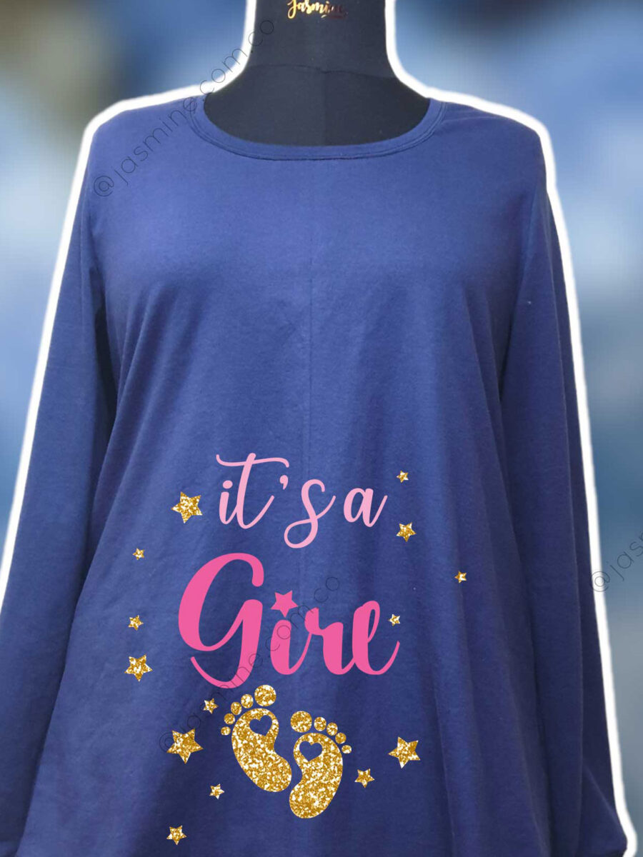 تيشرت الحامل تلبيس مريح جدا وبأكمام طويلة تصميم جليتر It's a girl  its-girl تصميم حامل طباعة