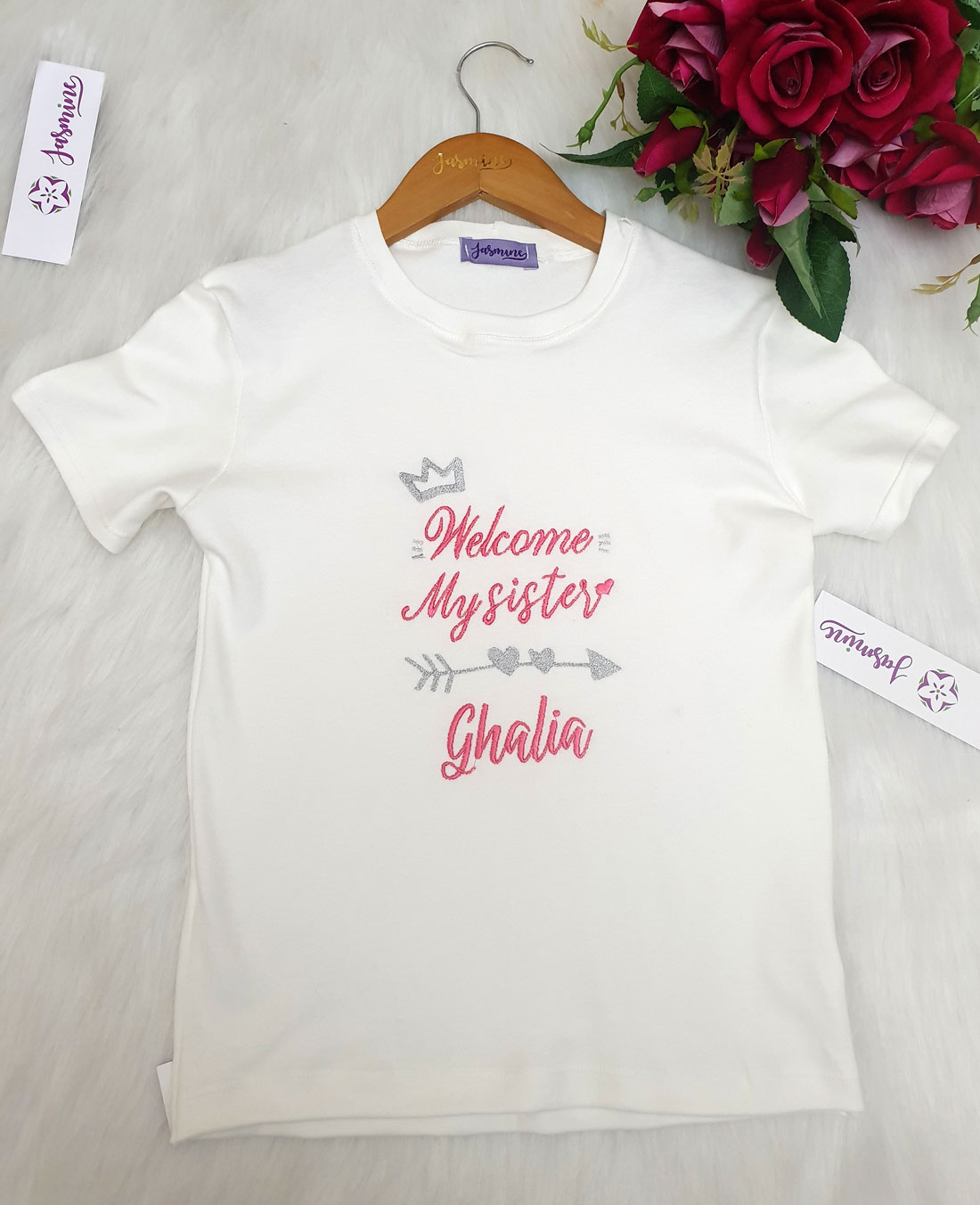 تيشرت الأطفال: تيشرت سبوع غالية welcome my sister ghalia ghalia غالية تصميم تاج فضي, فوشيا
