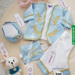 طقم السلطان التركي لون سماوي فاتح لبني مُصنع بالاسم 5 قطع تصميم تطريز ذهبي غامق sultan baby set