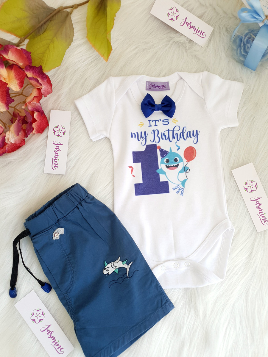 شورت جبردين وبودي سوت عيد ميلاد عبده ثيم بيبي شارك baby shark birthday clothes