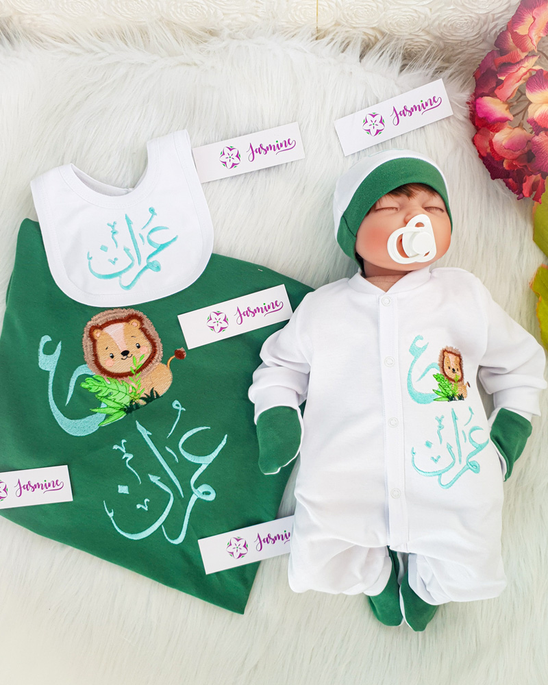 طقم ولادة 6 قطع 100% قطن مستورد باسم عمران  وتصميم رسومات تطريز ملون