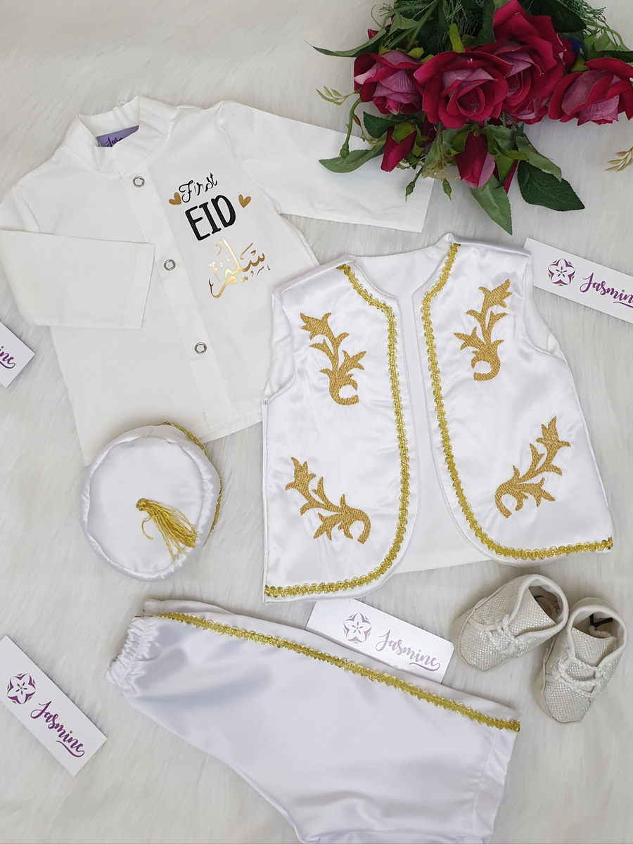 بدلة مولود 5 قطع قطن, قميص وفيست وبنطلون وطاقية وشوز (سليم selim) customized baby set 5 pieces