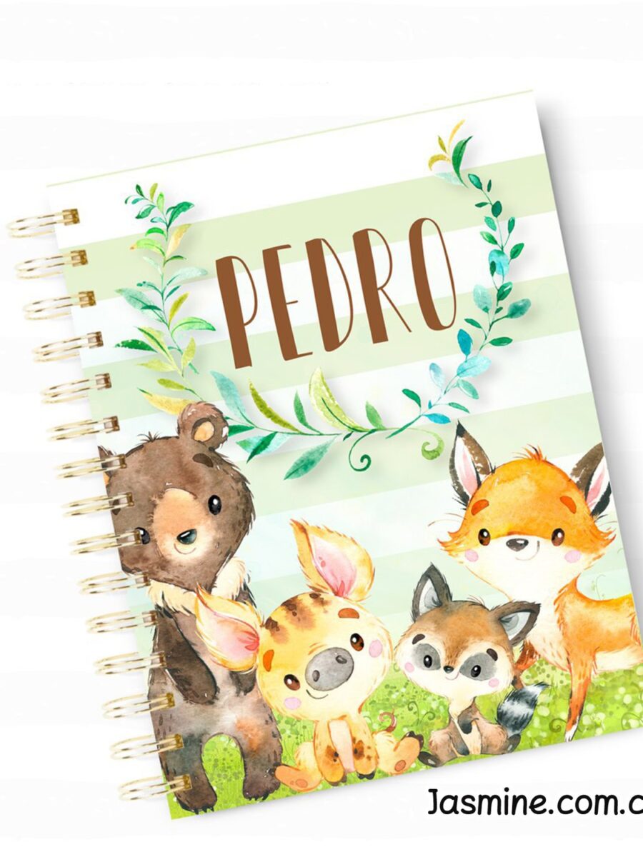 نوت بوك مطبوع باسم طفلك بغلاف هاردكفر وسلك ذهبي مزدوج بتصميم pedro