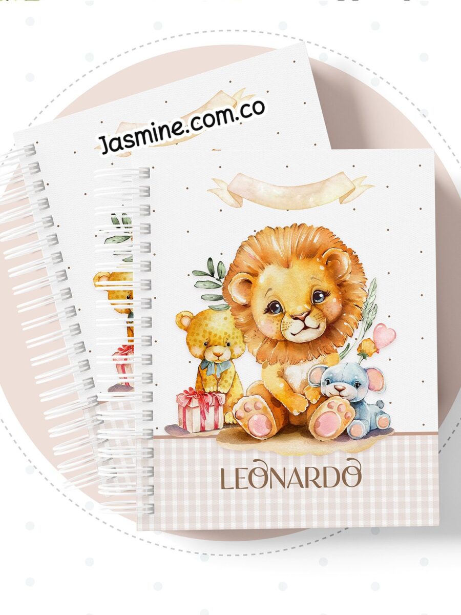 نوت بوك مطبوع باسم طفلك بغلاف هاردكفر وسلك ذهبي مزدوج بتصميم lionardo