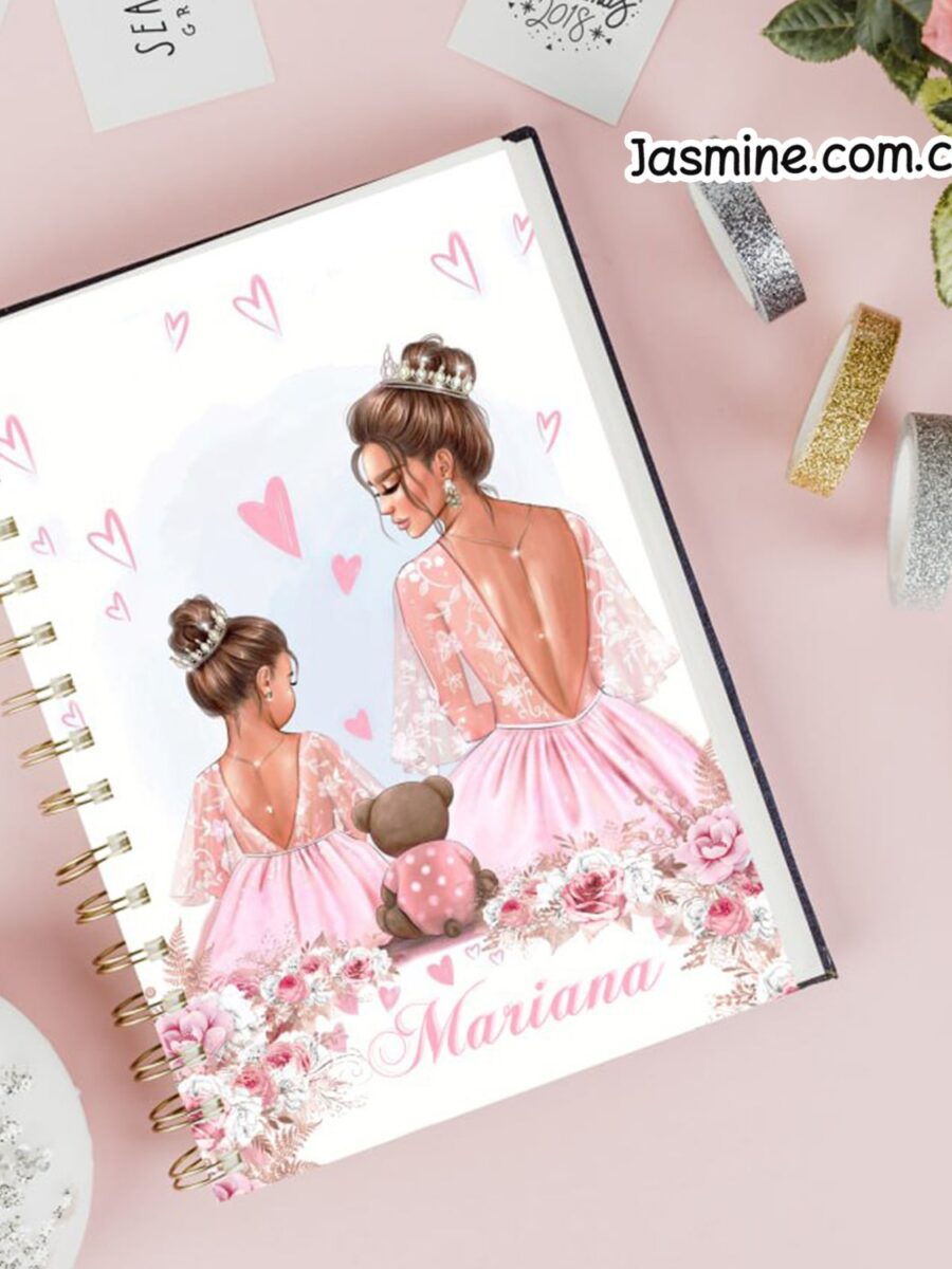 نوت بوك مطبوع باسم طفلك بغلاف هاردكفر وسلك ذهبي مزدوج بتصميم mariam