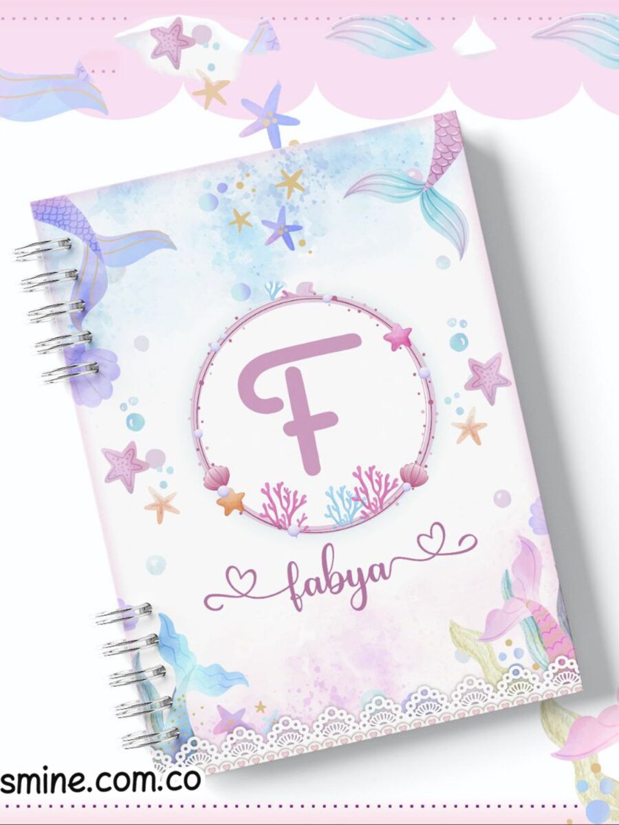 نوت بوك مطبوع باسم طفلك بغلاف هاردكفر وسلك ذهبي مزدوج بتصميم fabia