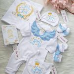 طقم مولود 6 قطع قطن بيور باسم ناجي محمد newborn baby set cotton clothes embroidery name Nagi Mohamed