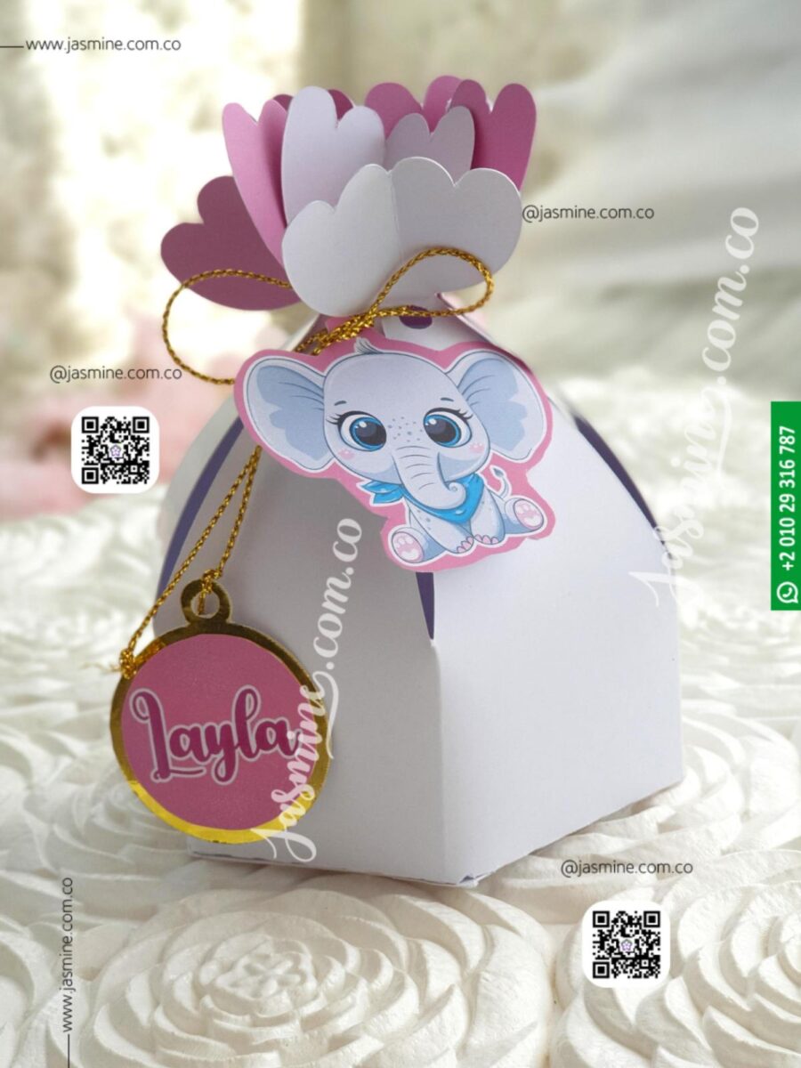 علب توزيعات سبوع ديزاين فلفول (ليان Layan) Elephant small boxes for baby girl