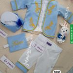 طقم السلطان التركي لون سماوي فاتح لبني مُصنع بالاسم 5 قطع تصميم تطريز ذهبي غامق sultan baby set