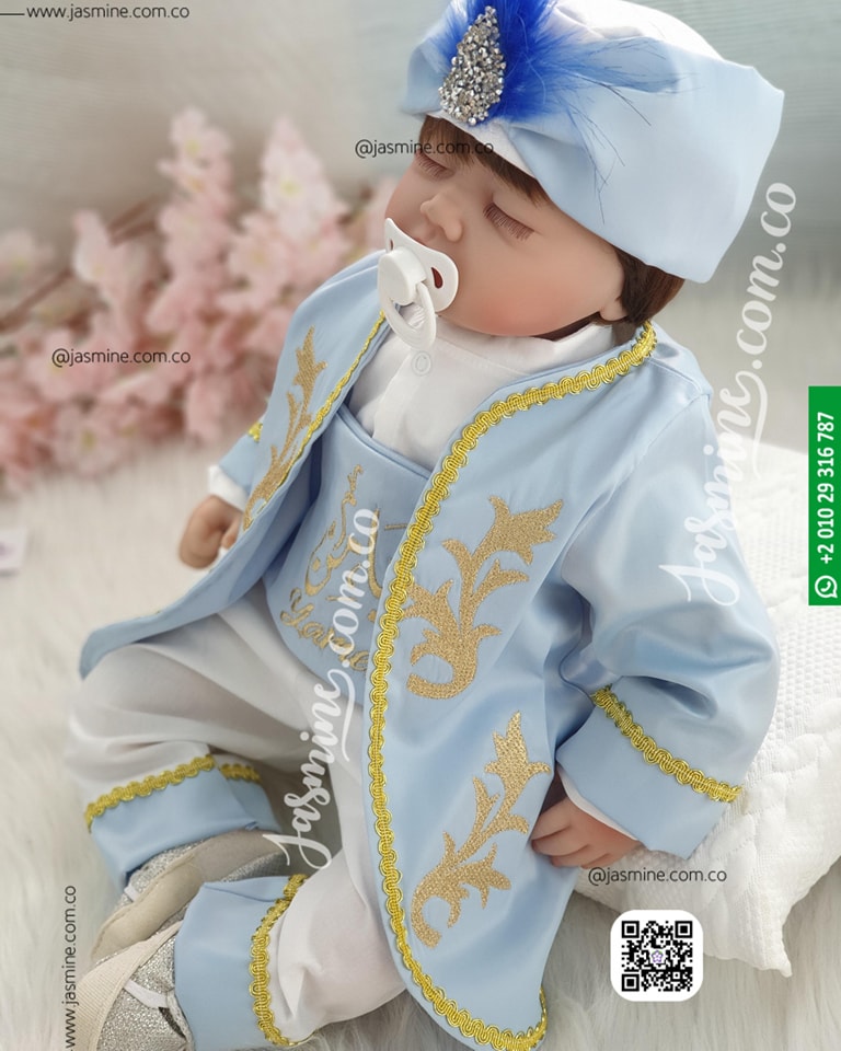 بدلة السلطان مع شوز (6 قطع) مُصنع بالاسم تصميم تطريز ذهبي غامق sultan baby set name