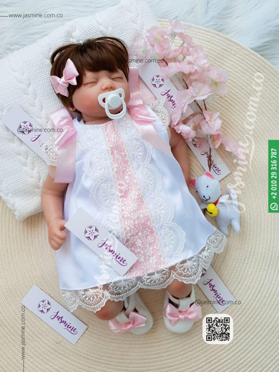 فستان مولود طقم بناتي أبيض 4 قطع فستان سبوع ومباركة مولود white pink dress for newborn baby