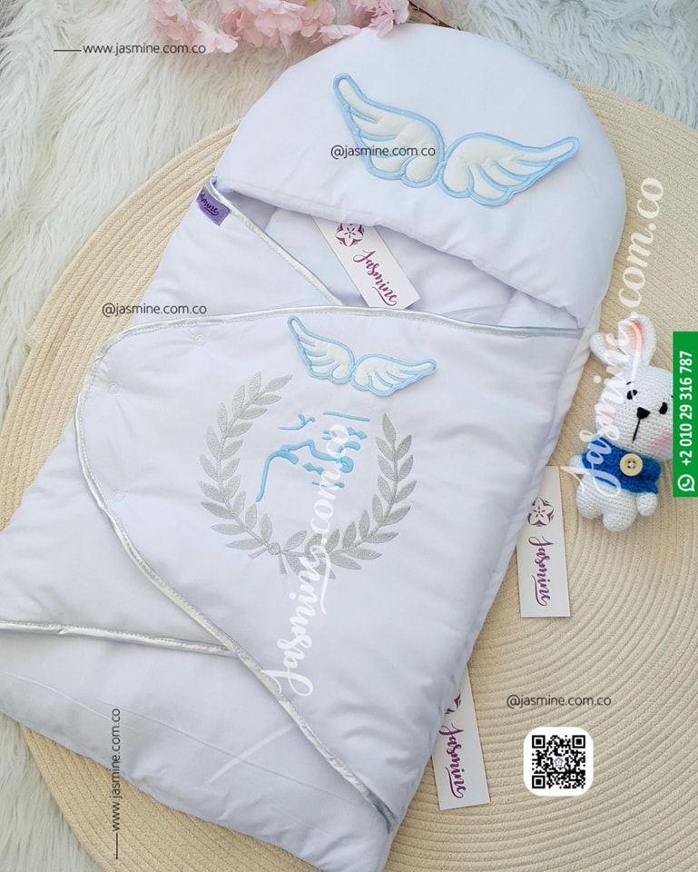 بورت بتصميم تطريز لبني وفضي اسم (تميم Tamim) Baby soft sleeping bag wings design
