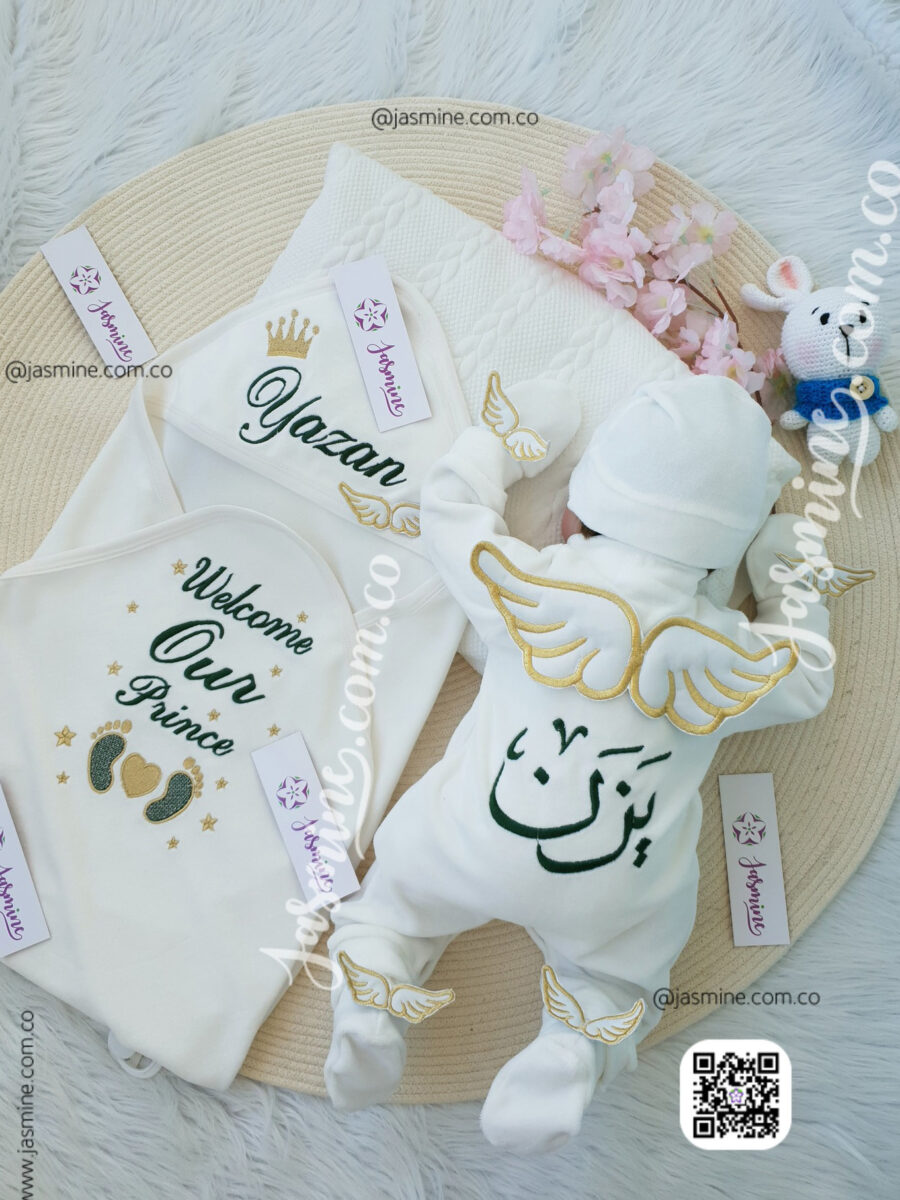 طقم مولود 6 قطع قطيفة اسم يزن newborn baby set cotton clothes embroidery name (yazan)