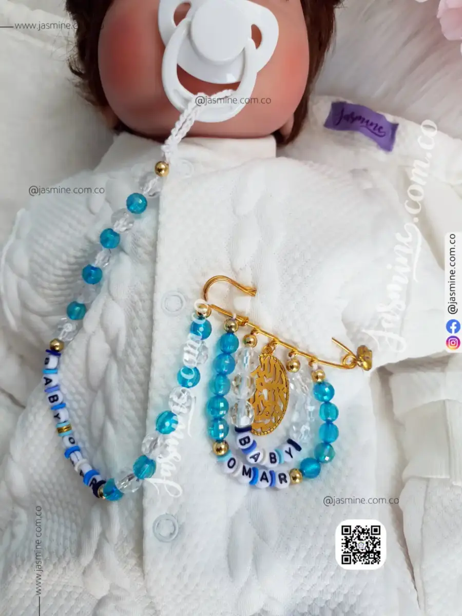 دبوس مع سلسلة لهاية استقبال مولود مباركة سبوع دبوس بيبي سماوي وذهبي (عمر Baby Omar) بسم الله ما شاء الله مطلي ذهبي