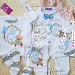 طقم بيبي  استقبال مباركة سبوع مولود 6 قطع قطن بيور (كرم karam) ثيم دبدوب Teddy Bear روحا صغيرة اهدتنا اطواقا من الفرح