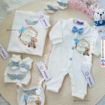 طقم بيبي استقبال ومباركة مولود 6 قطع قطيفة مخمل قطني (سفيان Sofian) ثيم الدب Teddy Bear