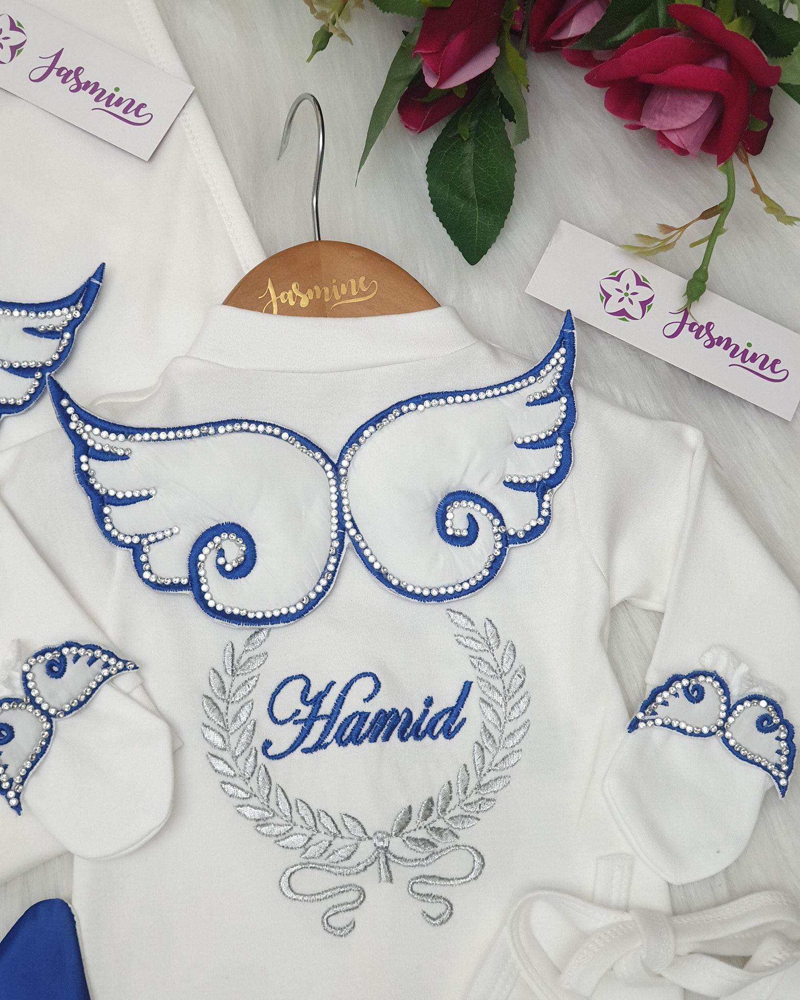طقم قطن استقبال مولود 6 قطع صيفي (حميد Hamid) أجنحة ستراس ميد قدي اسمي على اسم جدي