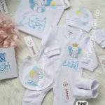 طقم 6 قطع قطن صيفي ثيم الفيل تطريز ملون اسم أحمد baby set  elephant design name Ahmed