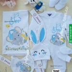 طقم 6 قطع قطن صيفي ثيم الفيل تطريز ملون اسم نبيل baby set elephant design name Nabil