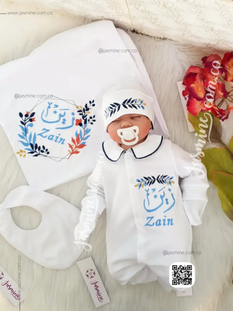 طقم استقبال مولود 6 قطع قطن صيفي (زين Zain) تصميم ورد (2)
