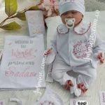 طقم استقبال مولود 6 قطع قطن صيفي (سدن Sadan ) تصميم ورد (welcome to our world princess Sadan