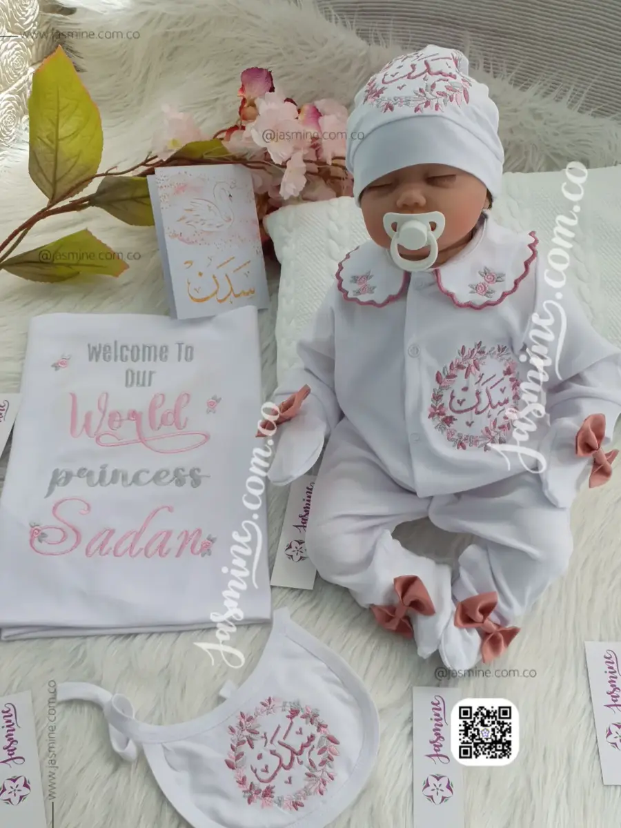 طقم استقبال مولود 6 قطع قطن صيفي (سدن Sadan ) تصميم ورد (welcome to our world princess Sadan (10)