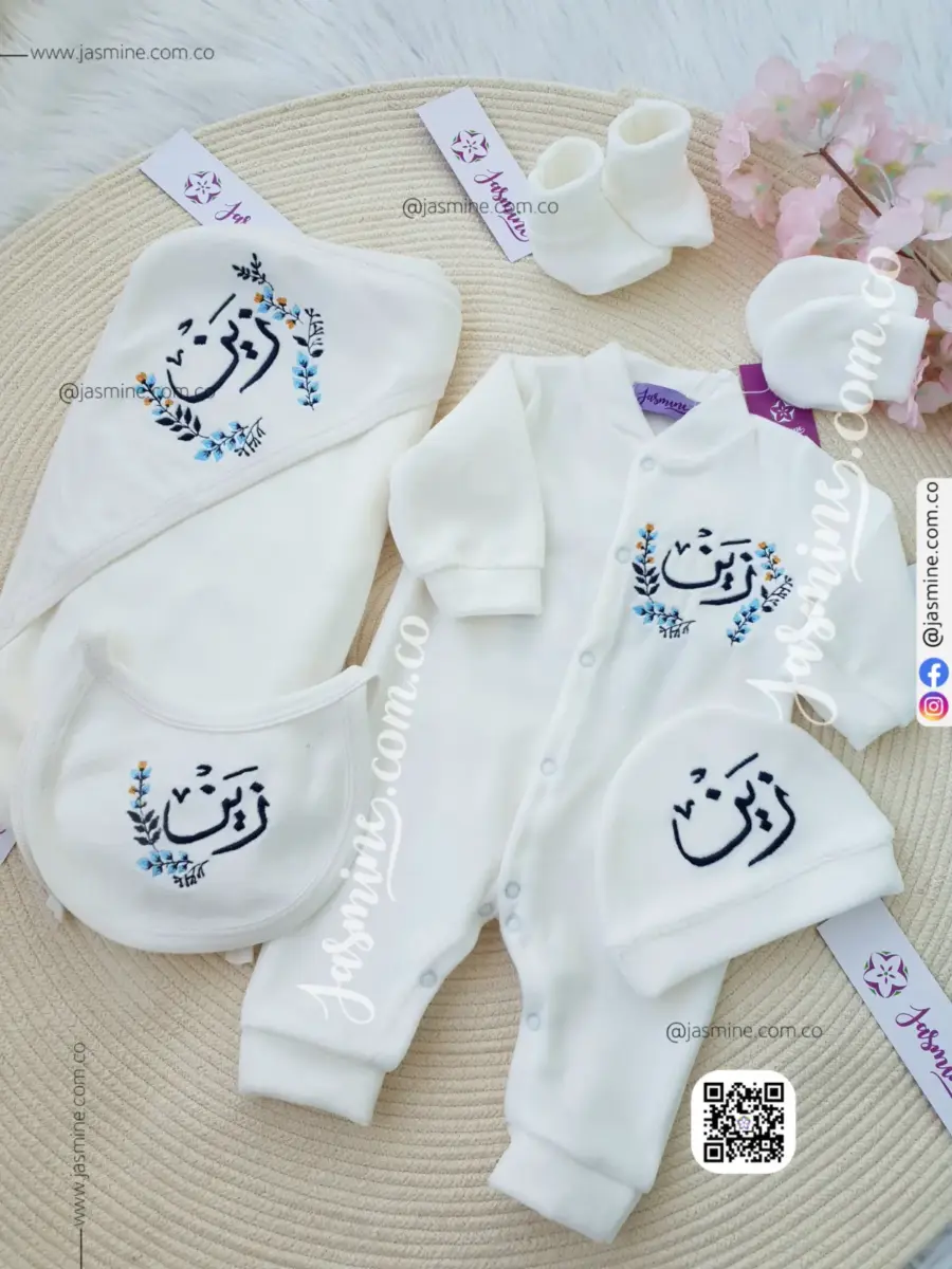 طقم استقبال مولود 6 قطع قطيفة شتوي (زين Zain) تصميم ورد (3)