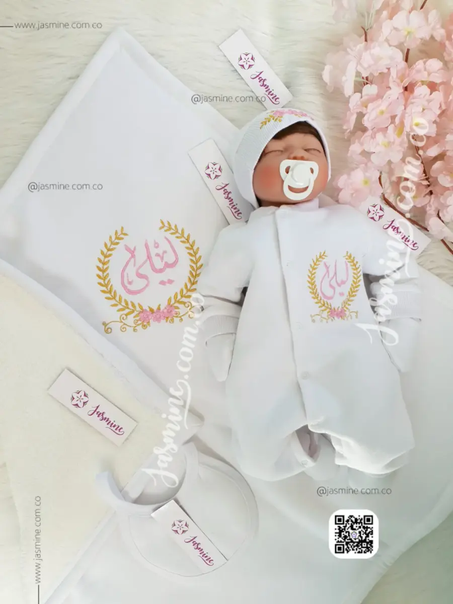 طقم استقبال مولود تطريز 6 قطع ميلتون قطن شتوي (ليلى Laila) سنبلة وورد (5)