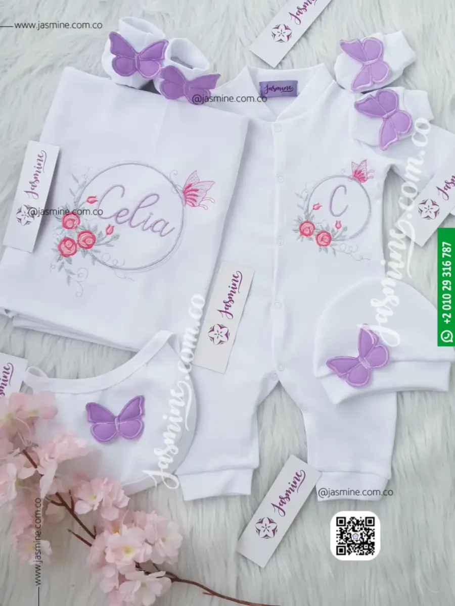طقم بيبي استقبال مباركة سبوع مولود طقم 6 قطع قطن بيور (سيليا Celia ) ثيم ورد موف وفوشيا (3)
