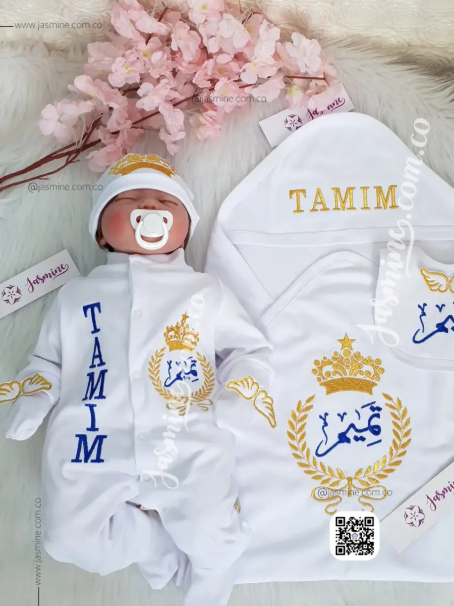 طقم قطن استقبال مولود تطريز 6 قطع صيفي (Tamim تميم) تاج وسنبلة (3)
