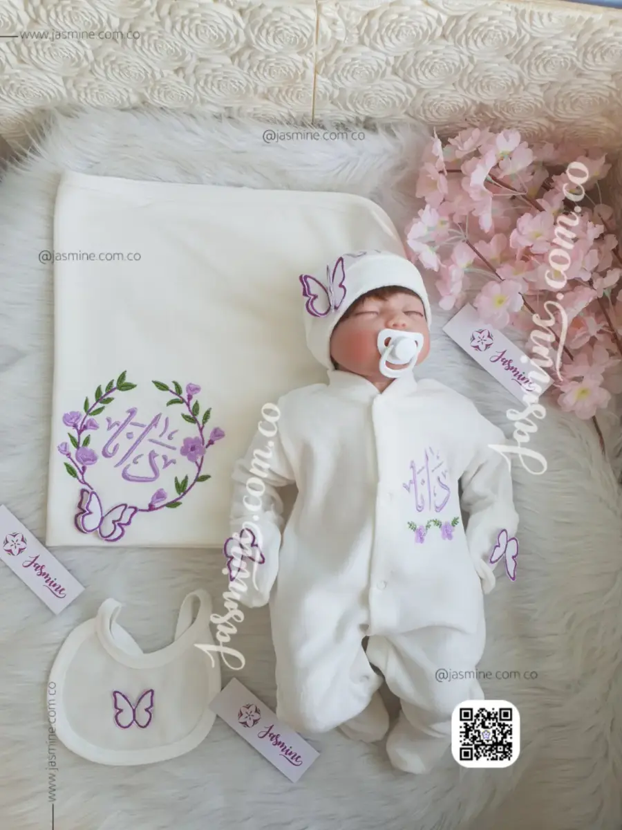 طقم مولود 6 قطع قطيفة شتوي تطريز فراشات (دانا Dana) Newborn baby 6-pieces cotton set with Name Embroidery (4)