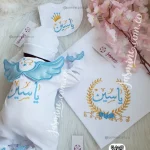 طقم  استقبال مولود تطريز  6 قطع قطن صيفي  (Yasssin ياسين ) جناحات بارزة وورد