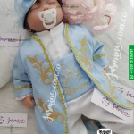 طقم السلطان التركي لون سماوي فاتح لبني مُصنع بالاسم 6 قطع تصميم تطريز ذهبي غامق sultan baby set