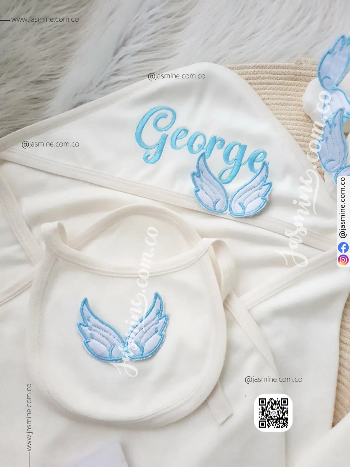 طقم ولادة 6 قطع جورج George صُنعَ بحب بتصميم أجنحة لبني بارزة الخامة قطيفة شتوي