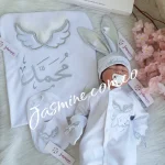 طقم ولادة وسبوع تصميم جناحات استراس ارنوب ودانتيل قطن صيفي تطريز باسم Mohamed  محمد