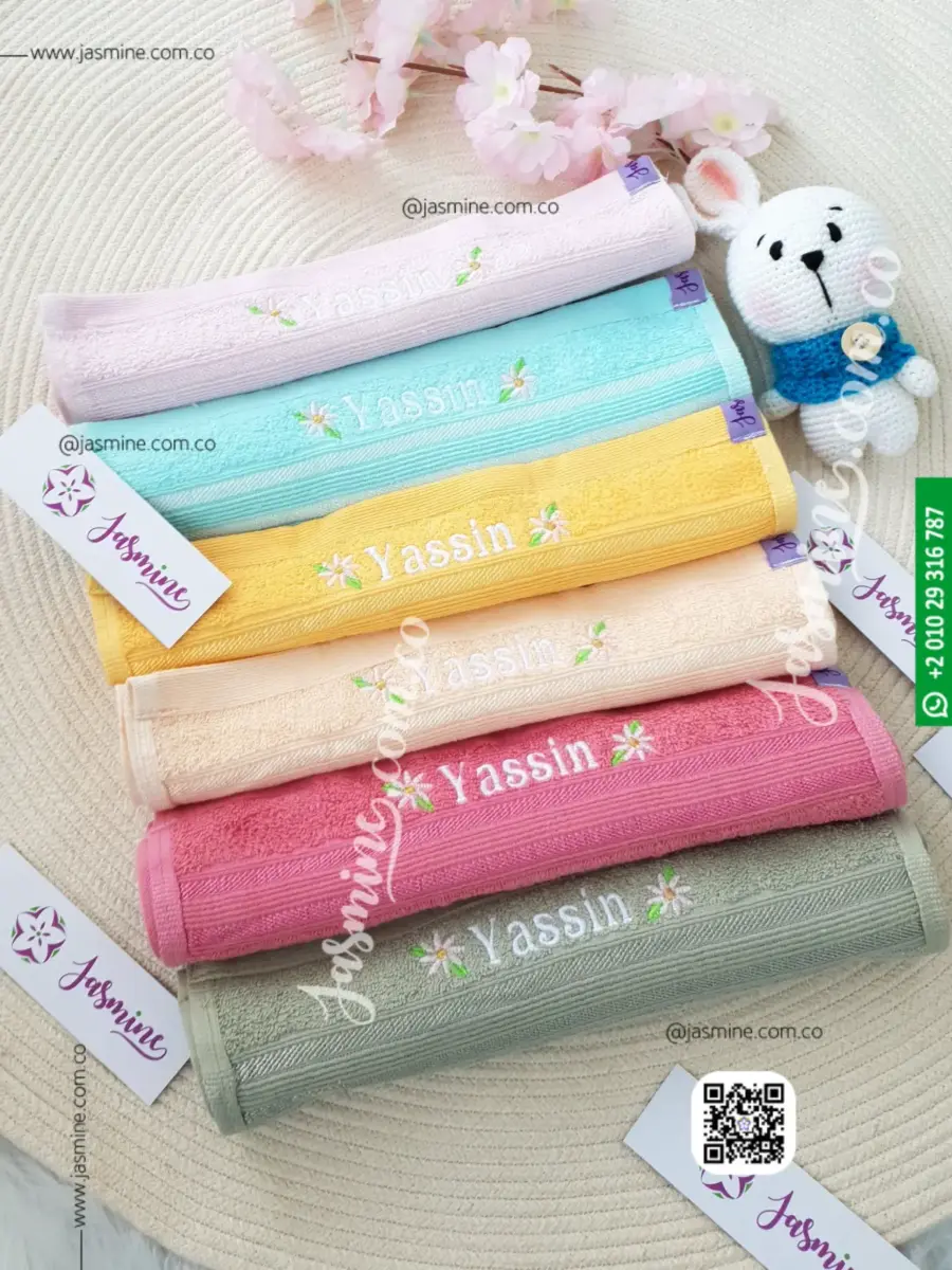 فوط بيبي ياسين Yassin صغيرة 6 قطع فوط قشط قطن مطرز بالاسم تصميم ورد ملون Cotton Soft Breathable Burping Towel Clothes (1)