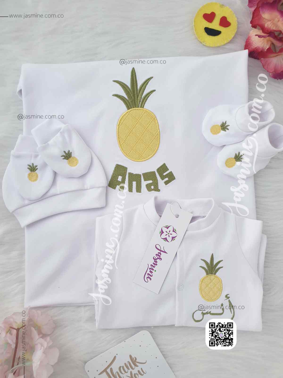 طقم استقبال مولود 6 قطع قطن بيور (أنس ANAS) تصميم أناناس لطيف